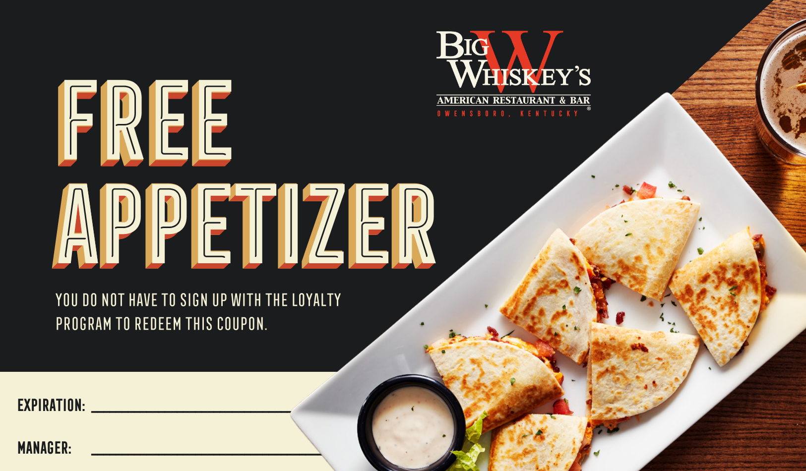 Big Whiskey's American Restaurant & Bar, Promotional Cards 1